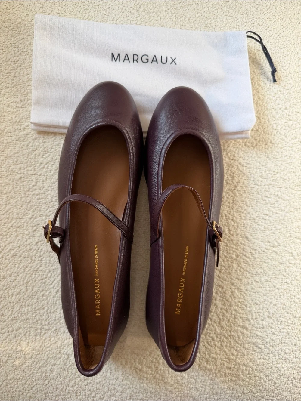 Margaux Plum Leather Mary Jane Flats with Gold Buckles - Picture 1 of 4